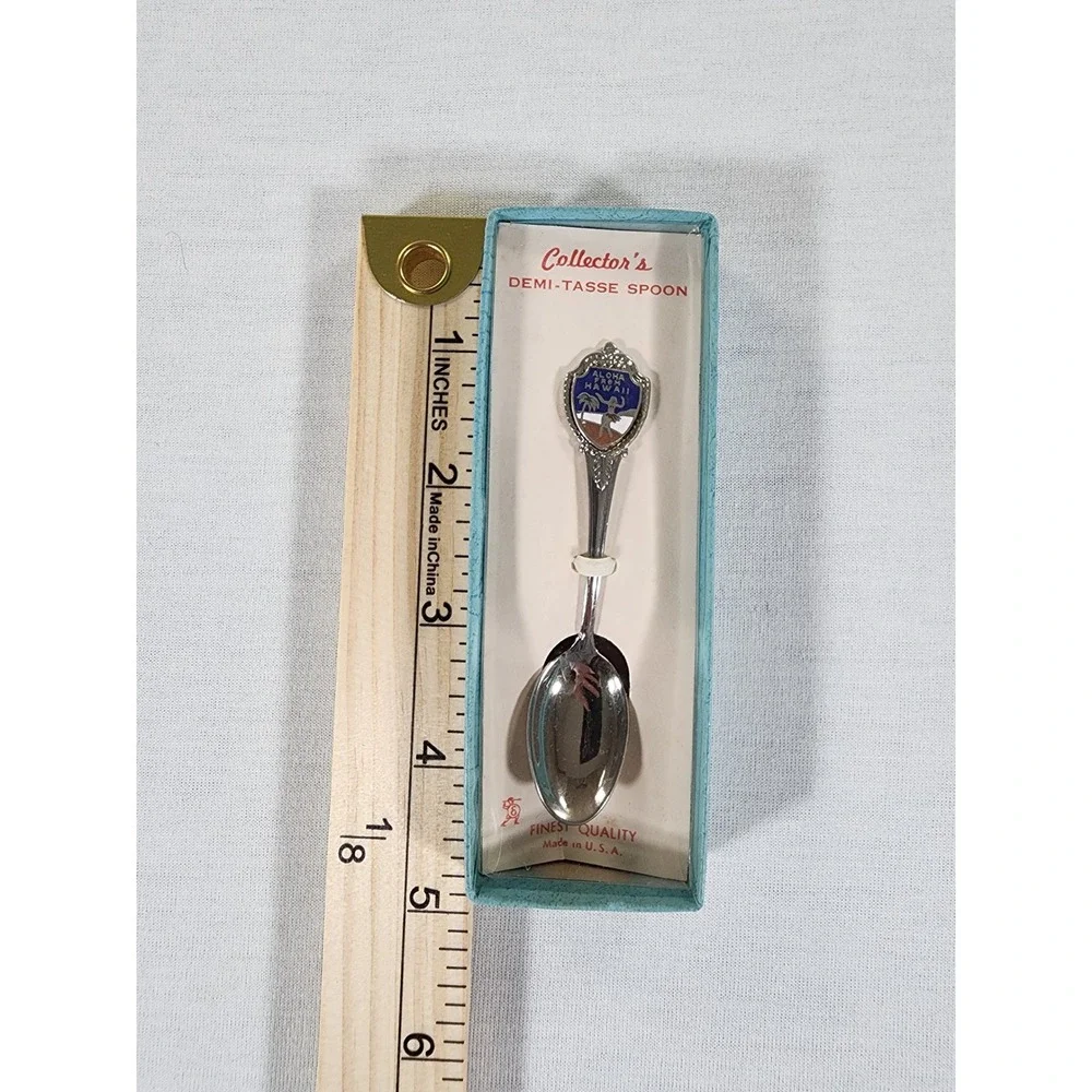 Vintage Hawaii Souvenir Demi-TasseSpoon Silver Tone Aloha Enamel Made‎ in USA